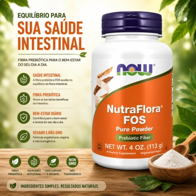NutraFlora FOS, Prebiótico para Digestão, Flora Intestinal e Bem-Estar Diário, 113g, NOW