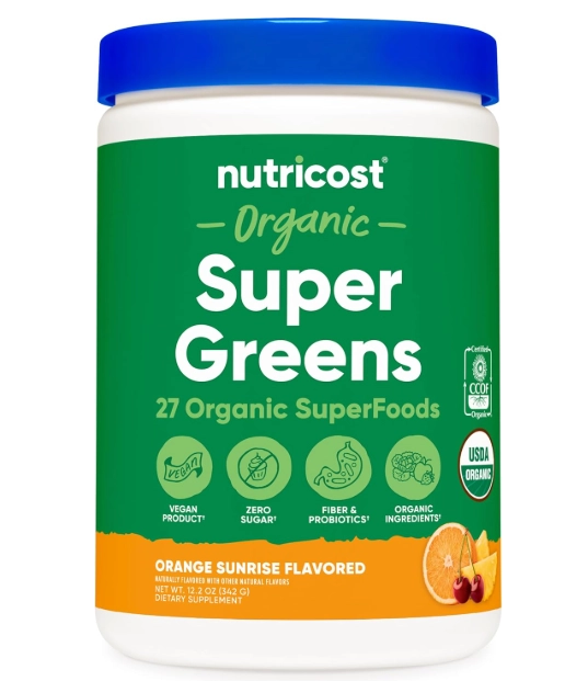 Super Greens Powder, 30 porções, Sabor Laranja e Cereja, Nutricost