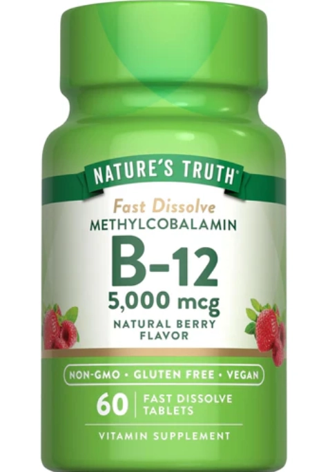 Vitamina B-12 5000mcg Metilcobalamina, 60 comprimidos Sabor Morango, Nature's Truth