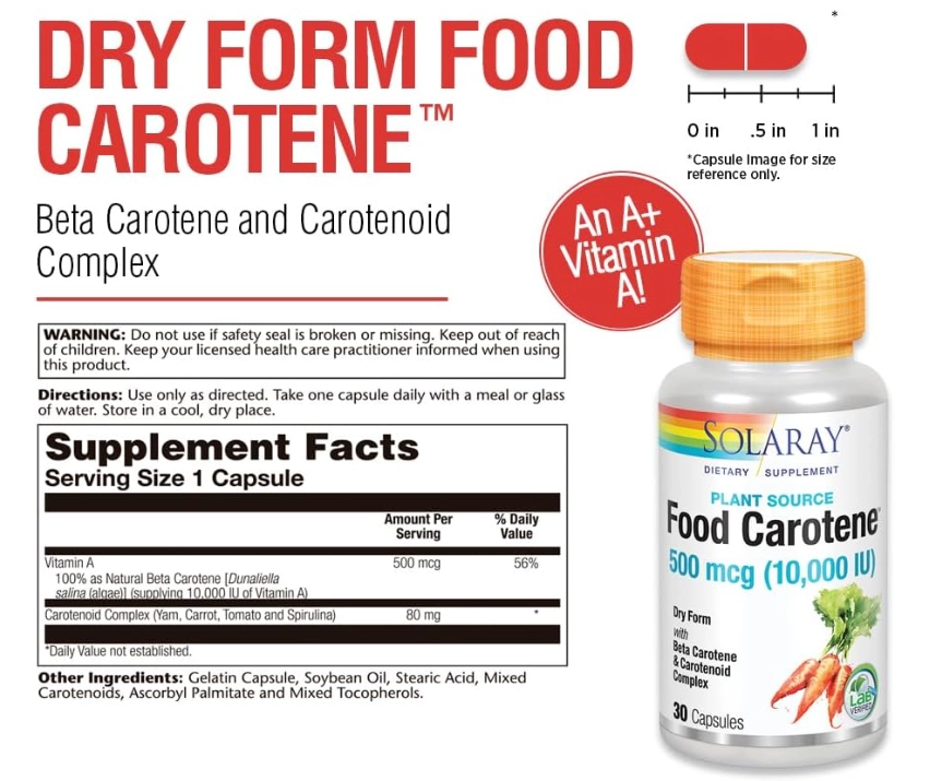 Food Carotene 500mcg, Caroteno, 30 Cápsulas, Solaray