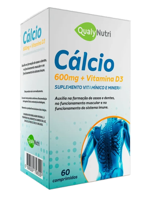 Calcio 600mg com Vitamina D3, 60 Comprimidos, Qualynutri