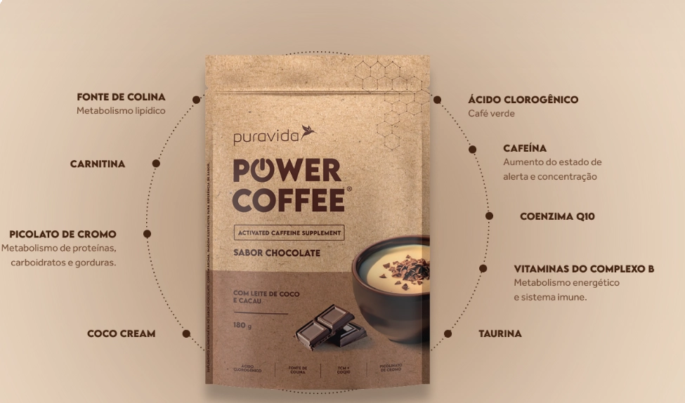 Power Coffee, Sabor Chocolate, 180g, PuraVida