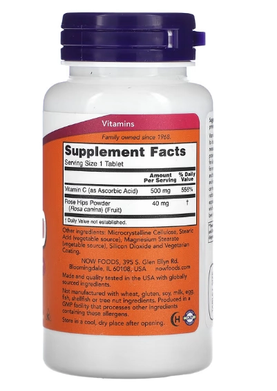 Vitamina C-500 com Rosa Mosqueta, 100 Comprimidos, Now