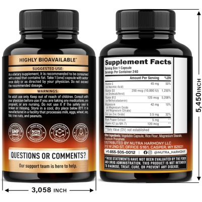 Vitamin D3 + K2 Extra Strength, 10000mg, 240 Cápsulas, Nutraharmony 