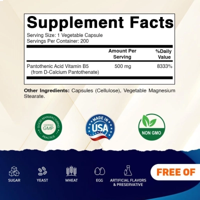 Ácido Pantotênico (Vitamina B5), 500 mg, 200 Cápsulas, Vitamatic