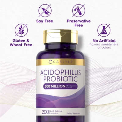 Acidophilus 500 Million UFCs, Saúde Intestinal, Imunidade e Digestão, 200 Cápsulas, Carlyle