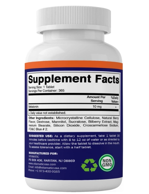 Melatonina 10mg, 365 Comprimidos Sabor Frutas Vermelhas, Vitamatic