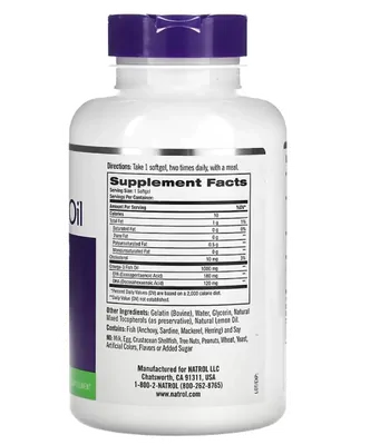 Ômega 3, Sabor Natural de Limão, 1000mg, 60 Cápsulas. Natrol