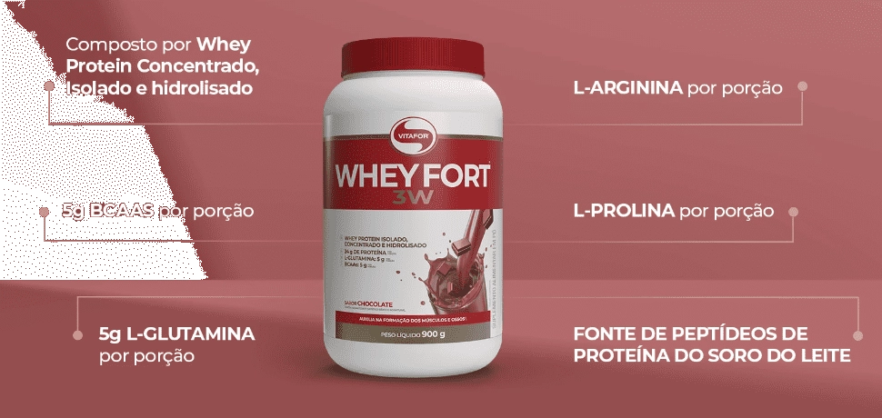 Whey Fort 3w, Sabor Chocolate, 900g, Vitafor