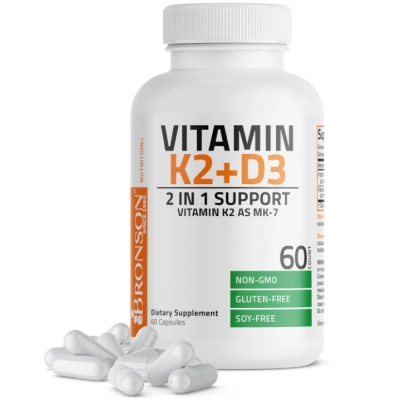 Vitamina K2 MK7 90mcg com D3 5000IU, Complexo 2 em 1, 60 Cápsulas, Bronson 