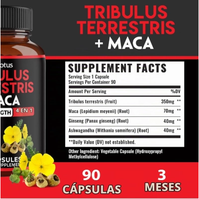 Tribulus Terrestris 350mg com Maca, 4 em 1, 90 Cápsulas, Zolotus 