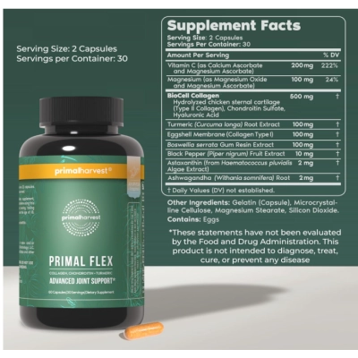 Primal Flex, Para Conforto Articular com Cúrcuma, Colágeno e Boswellia, 60 Cápsulas, Primal Harvest