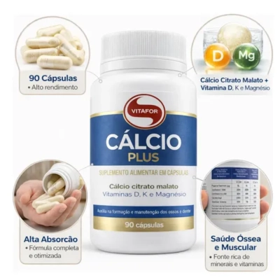 Cálcio Plus, Suplemento De Cálcio Para Saúde Óssea, 90 Cápsulas, Vitafor
