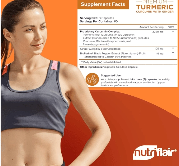 Cúrcuma Premium 2250mg, Turmeric com BioPerine, Ginger e  Black Pepper, 180 Cápsulas, NutriFlair