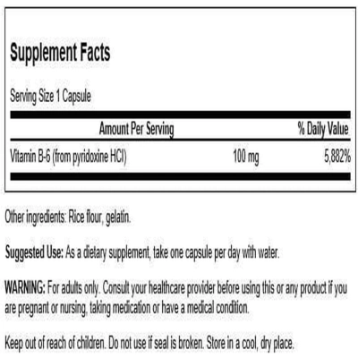 Suplemento de Vitamina B6 (Piridoxina) , 100mg, 100 Cápsulas, Swanson