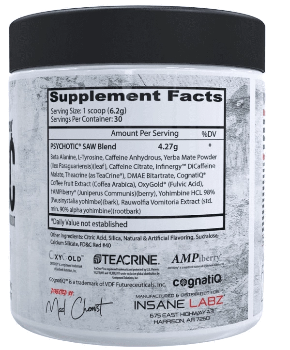 Pré-Treino Psychotic High Stim com OxyGold e AMPiberry, Sabores, Insane Labz