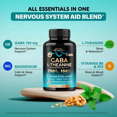 Gaba L-Theanine Magnesium, B6 &amp; B12, 240 Cápsulas, Nutra Harmony 