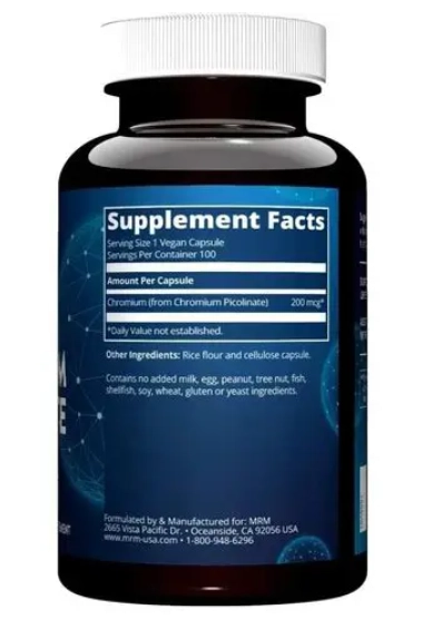 Picolinato de Cromo, 200mcg, 100 Cápsulas, MRM, Nutrição