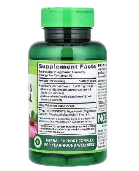 Echinacea e Raiz de Hidraste 1400mg, 100 Cápsulas, Nature's Truth