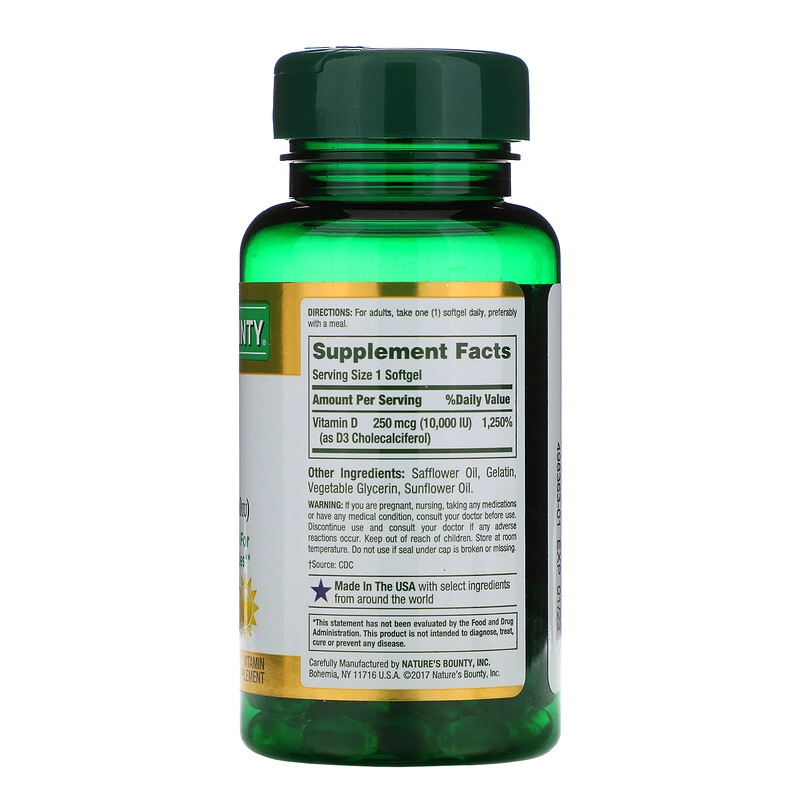 Vitamina D3 250mcg (10.000IU), 72 Cápsulas de liberação rápida, Nature's Bounty