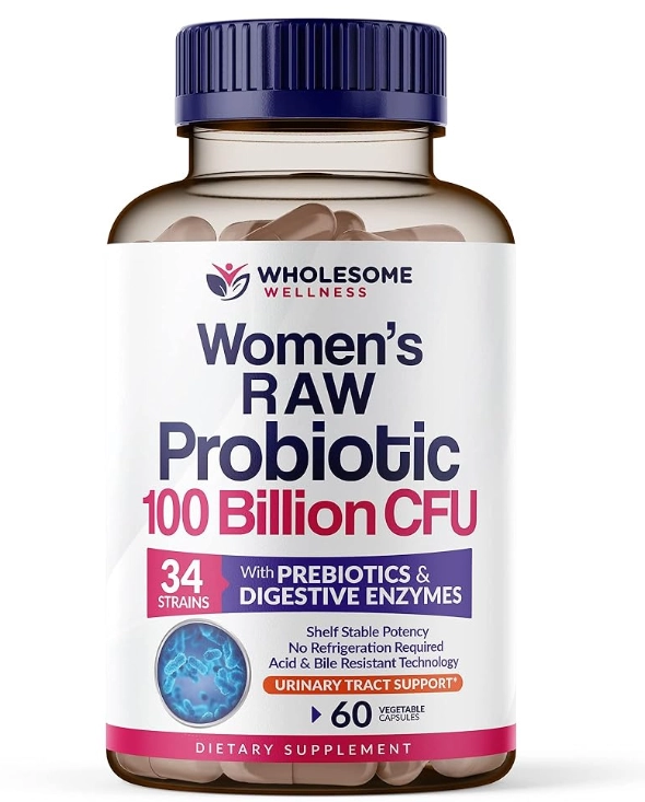 Probióticos Crus para Mulheres,  100 Bilhões de CFUs, Prebióticos e Enzimas Digestivas, 60 Cápsulas, Wholesome Wellness