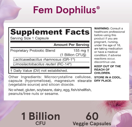 Fem-Dophilus Probióticos, 1 bilhão de UFC com 2 Cepas, Suplemento para a Saúde Vaginal e Trato Urinário, 60 cápsulas, Ja