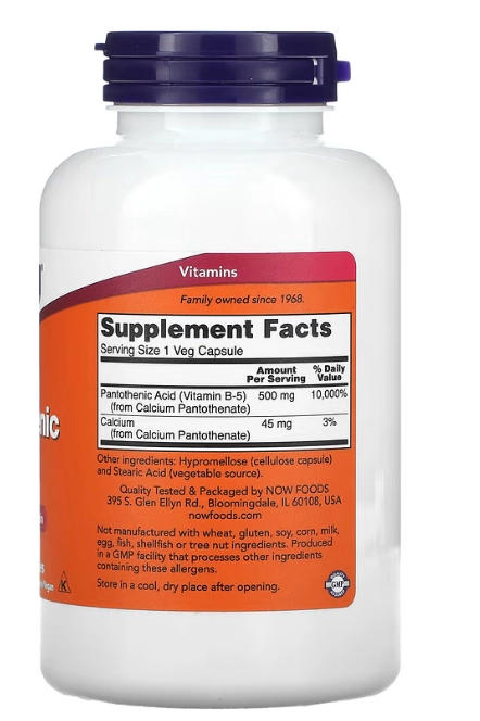 Ácido Pantotênico 500mg, 250 Cápsulas, Now