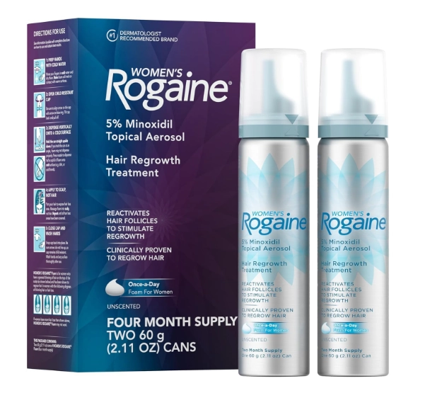 Rogaine Women's, Espuma 5% Minoxidil para Mulheres, para Cabelos Mais Cheios e Grossos, Sem Perfume, 60ml Cada