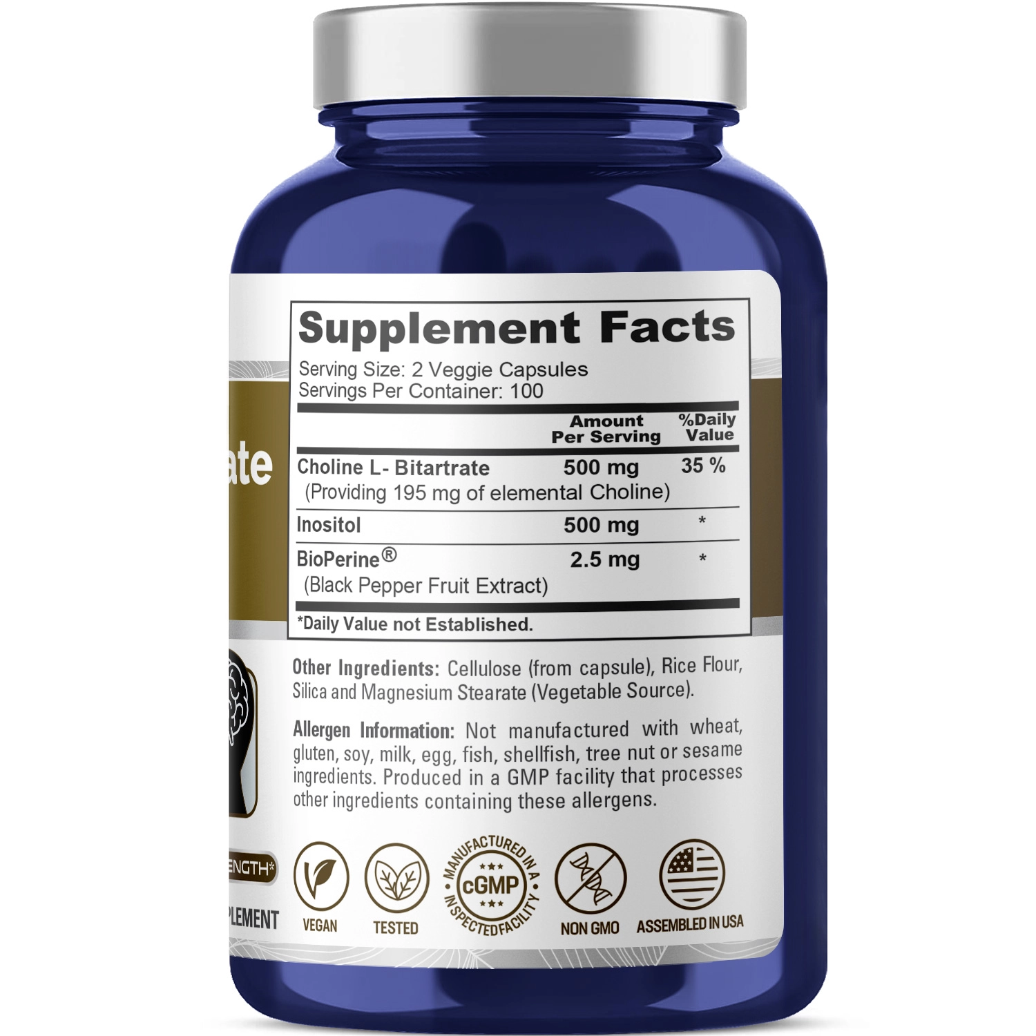 Choline Inositol 1000mg com Bioperina, 200 Cápsulas, NusaPure