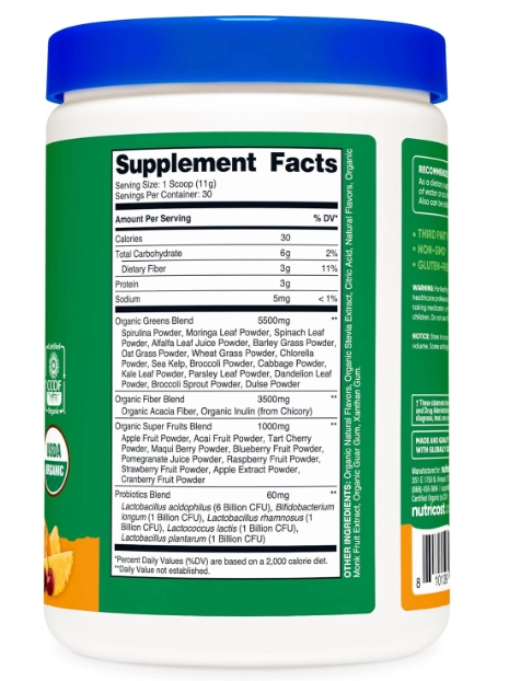 Super Greens Powder, 30 porções, Sabor Laranja e Cereja, Nutricost