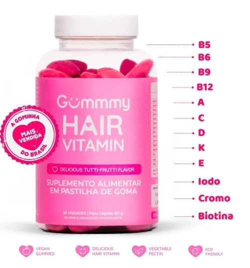 Gummy Hair, Cabelo, pele e unha, 60 Gomas Sabor Tutti-Frutti, 180g