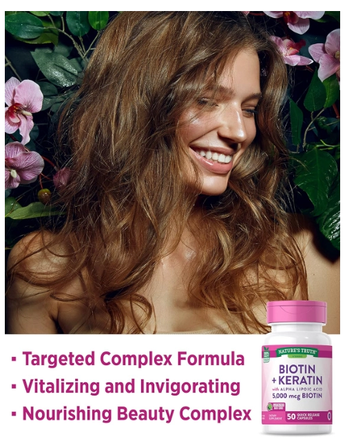 Biotina 5000mcg com Queratina e ácido alfalipóico, 50 cápsulas, Nature's Truth