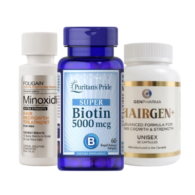 Kit Barba e Cabelo, Minoxidil Foligain 60ml + Hairgen+ e Biotina 5000mcg Puritans Pride