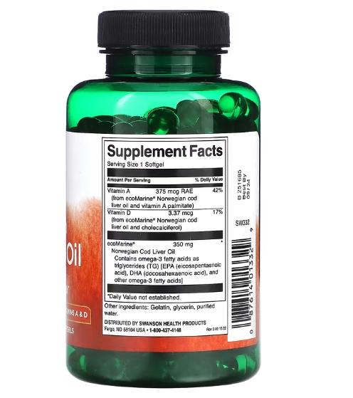 Cod Liver Oil, Óleo de Fígado de Bacalhau Norueguês, 350mg, 250 Cápsulas, Swanson