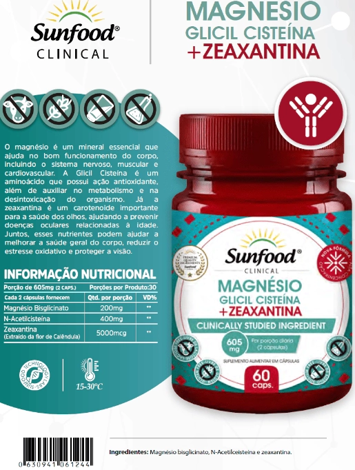 Magnésio Glicil Cisteína + Zeaxantina, 60 Cápsulas, Sunfood