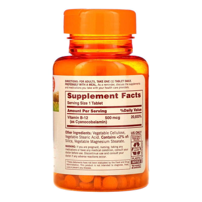 Vitamina B-12, 500 mcg, 200 comprimidos, Sundown