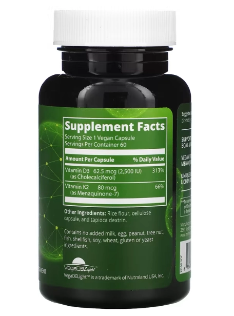Vitaminas D3 2.500UI e K2 80mcg, Veganas, 60 Cápsulas, MRM