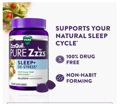 Melatonina ZzzQuil  2mg Com Ashwagandha, 60 Gomas, Vicks