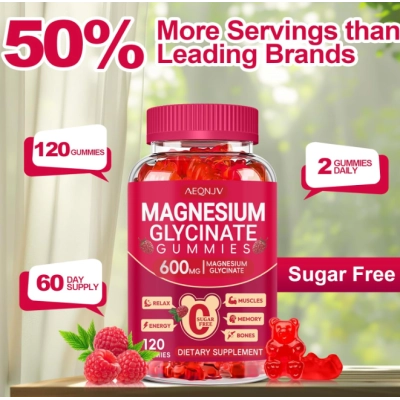 Magnésio Glicinato 600mg, com L-treonato, 120 Gomas Sabor Framboesa, AEQNJV