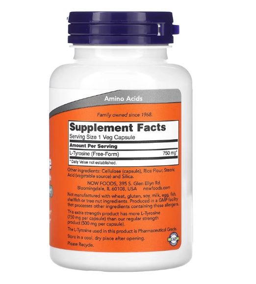 L-Tirosina Força Extra, 750mg, 90 Cápsulas, Now