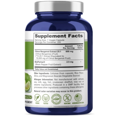 Citrus Bergamot 15,000mg, Bergamota cítrica, Antioxidante, 200 Cápsulas, NusaPure 