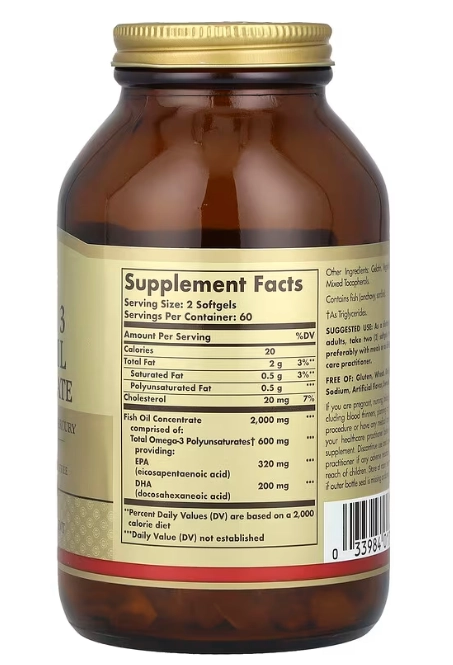 Omega-3 2000mg, Concentrado de Óleo de Peixe, 120 Cápsulas, Solgar