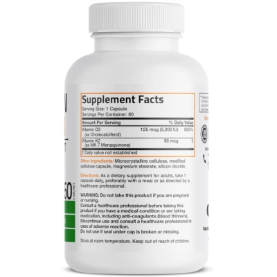 Vitamina K2 MK7 90mcg com D3 5000IU, Complexo 2 em 1, 60 Cápsulas, Bronson 