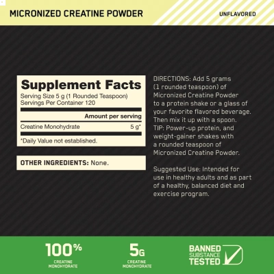 Creatina Micronizada em Pó, Sem Sabor, 600g, Optimum Nutrition