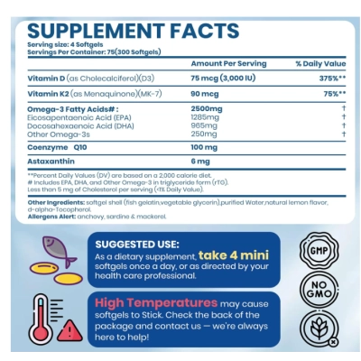 Omega 3, Fish Oil 2500mg, com Vitamina D3 e K2, 300 Cápsulas Sabor Limão, Arofum