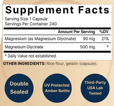 Glicinato de Magnésio 500mg, 240 Cápsulas, NatureBell
