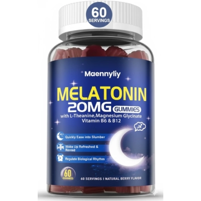 Melatonina 20mg Extra Forte,  com L-Teanina, Magnésio, Ashwagandha e Cúrcuma, 60 Gomas, Maennyliy