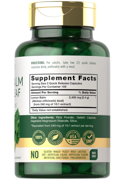 Lemon Balm Melissa Leaf, Folha de Melissa com Erva Cidreira 2400mg, 200 Cápsulas, Carlyle