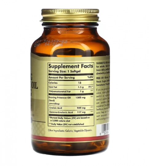 Óleo de prímula, Evening primrose, 1300mg, 60 Cápsulas, Solgar