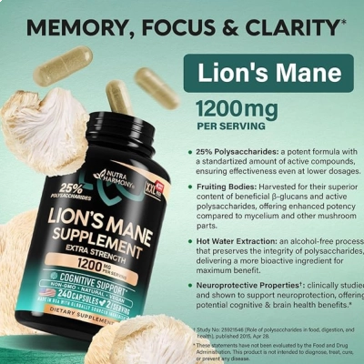 Lion's Mane Supplement Extra Strength, 1200Mg, 240 Cápsulas, Nutra Harmony 